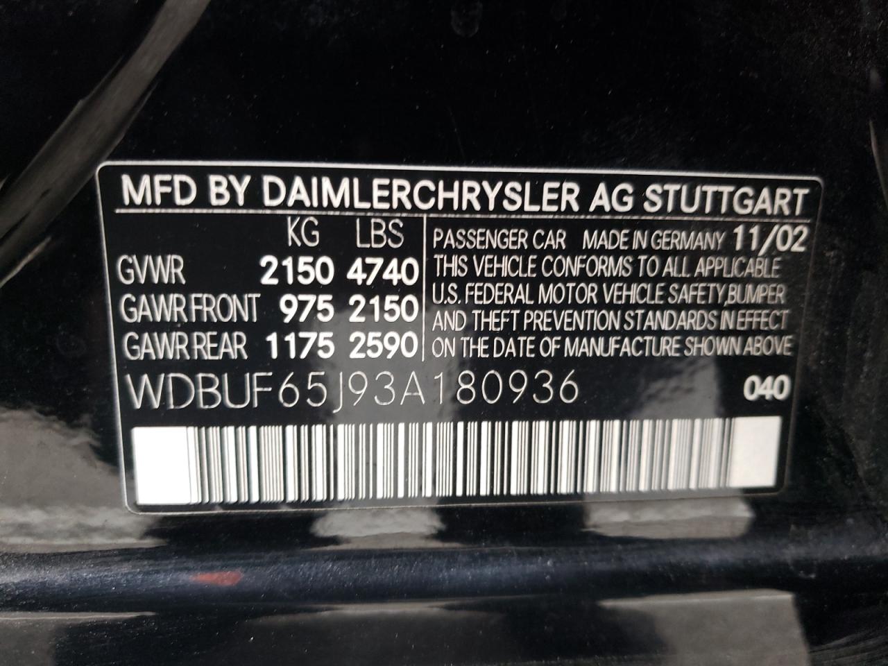 Photo 10 from auction – 2003 MERCEDES-BENZ E 320 with VIN WDBUF65J93A180936