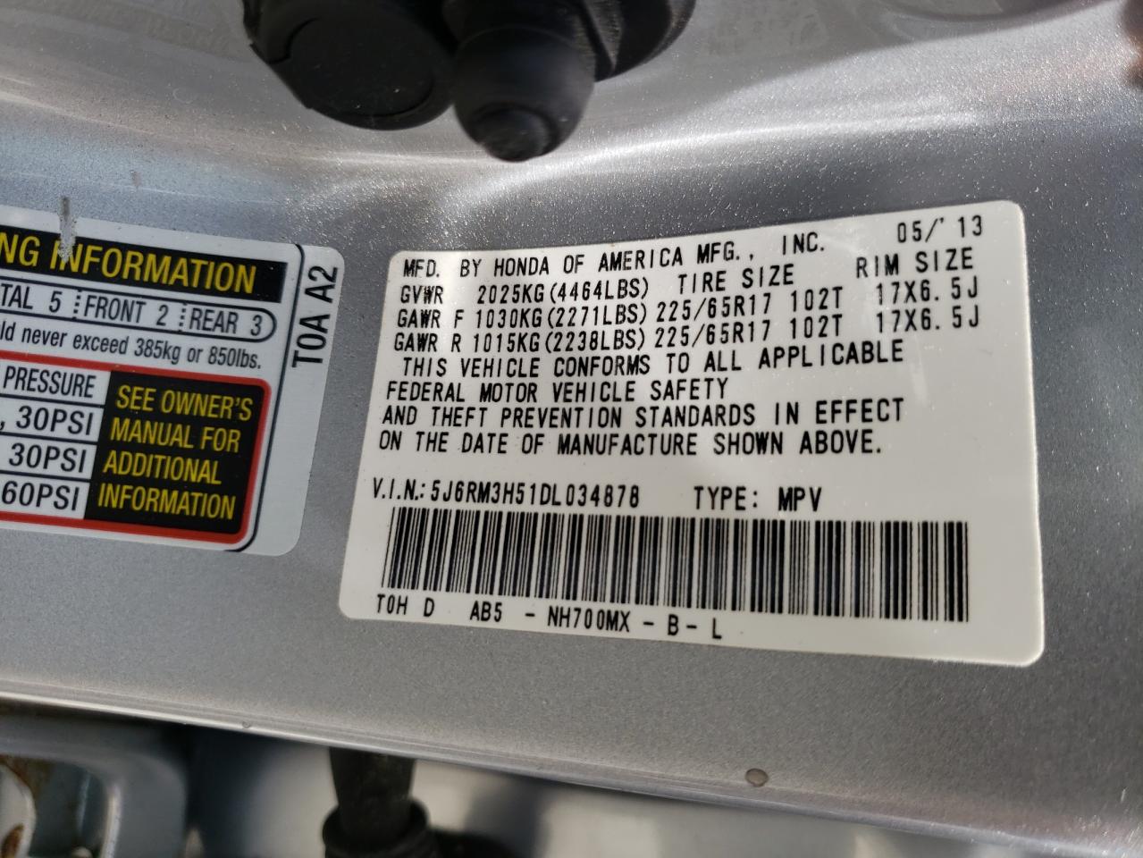 Photo 10 from auction – 2013 HONDA CR-V EX with VIN 5J6RM3H51DL034878