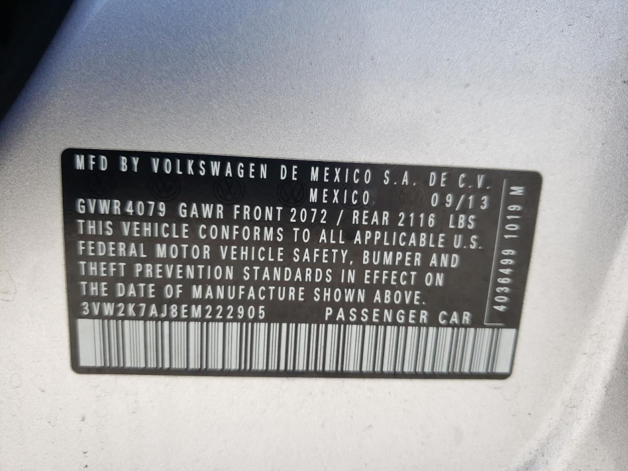 Photo 10 from auction – 2014 VOLKSWAGEN JETTA BASE with VIN 3VW2K7AJ8EM222905