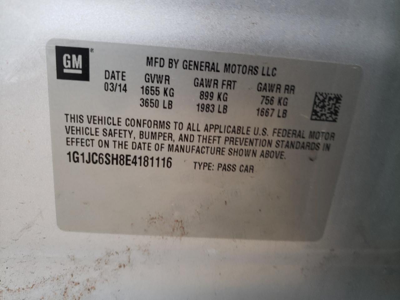 Photo 10 from auction – 2014 CHEVROLET SONIC LT with VIN 1G1JC6SH8E4181116