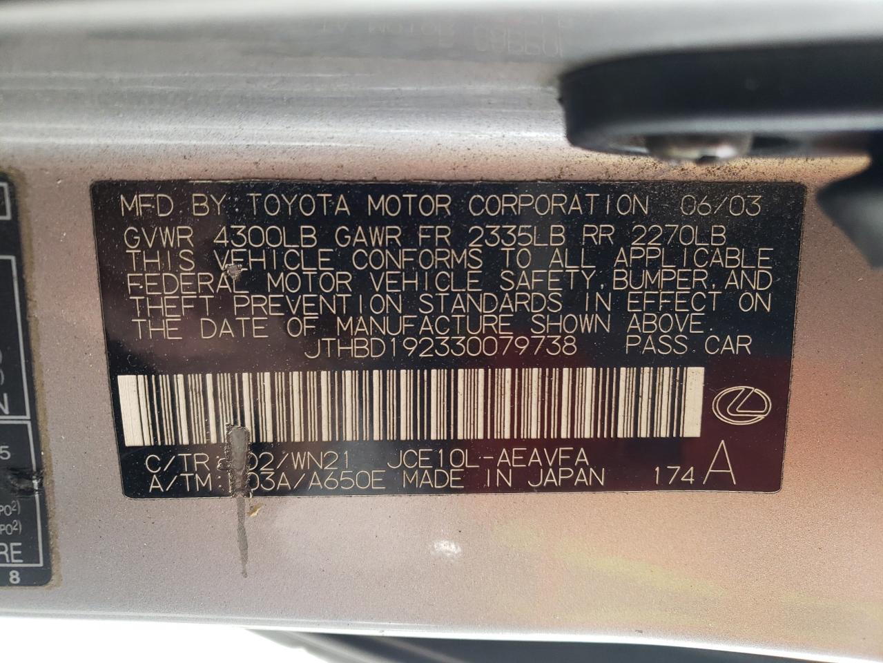 Photo 10 from auction – 2003 LEXUS IS 300 with VIN JTHBD192330079738
