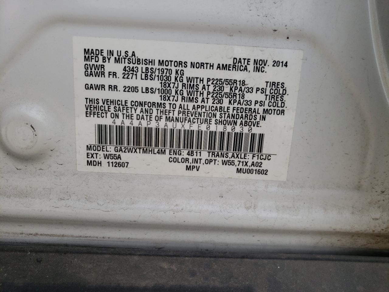 Photo 10 from auction – 2015 MITSUBISHI OUTLANDER with VIN 4A4AP3AUXFE018030