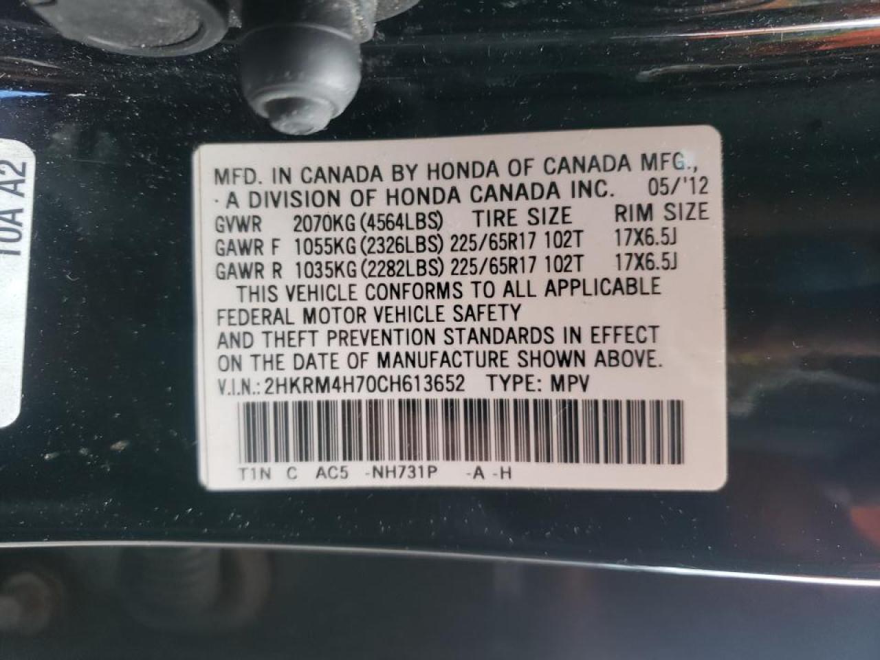 Photo 10 from auction – 2012 HONDA CR-V EXL with VIN 2HKRM4H70CH613652