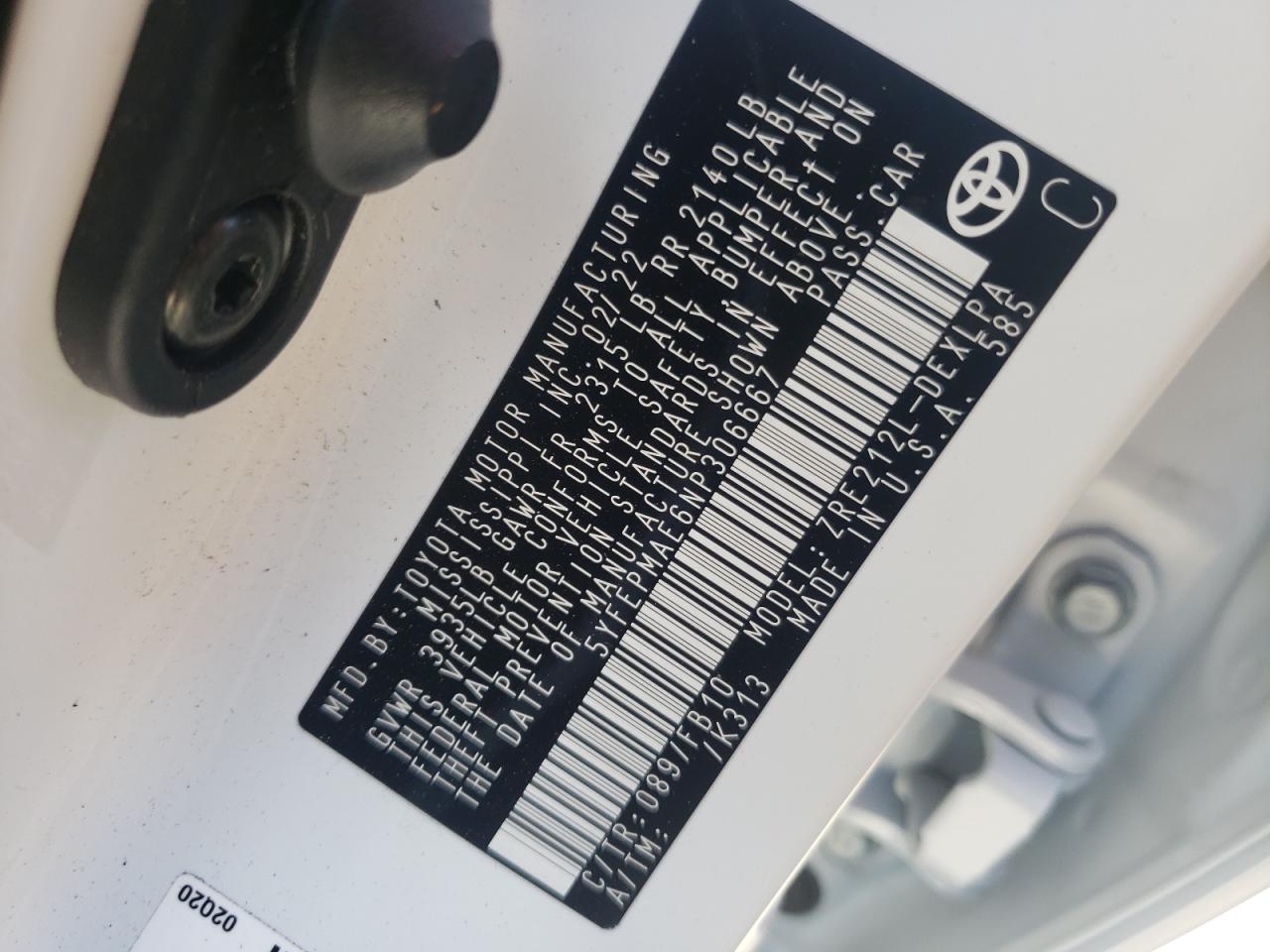 Photo 10 from auction – 2022 TOYOTA COROLLA LE with VIN 5YFEPMAE6NP306667