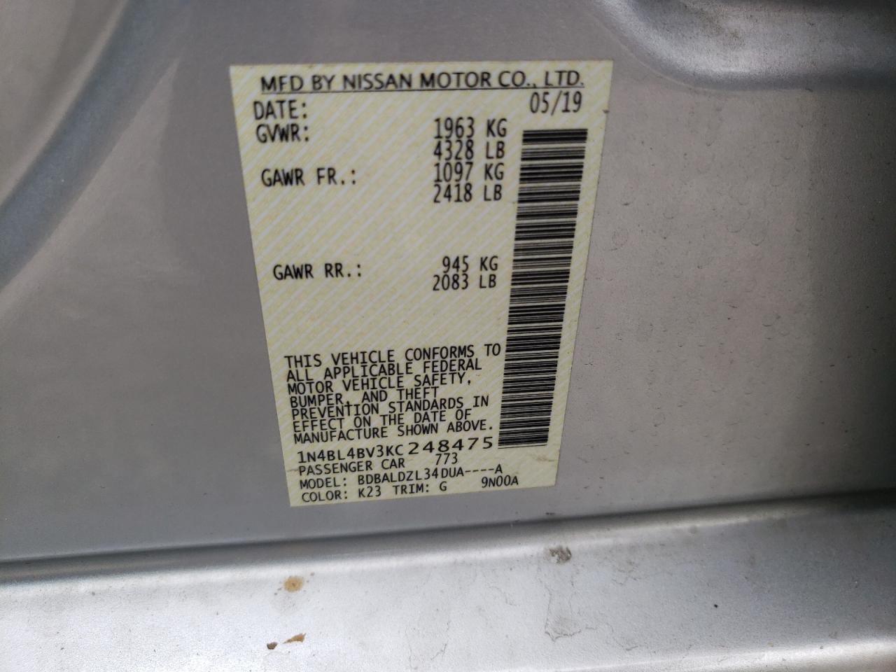 Photo 10 from auction – 2019 NISSAN ALTIMA S with VIN 1N4BL4BV3KC248475