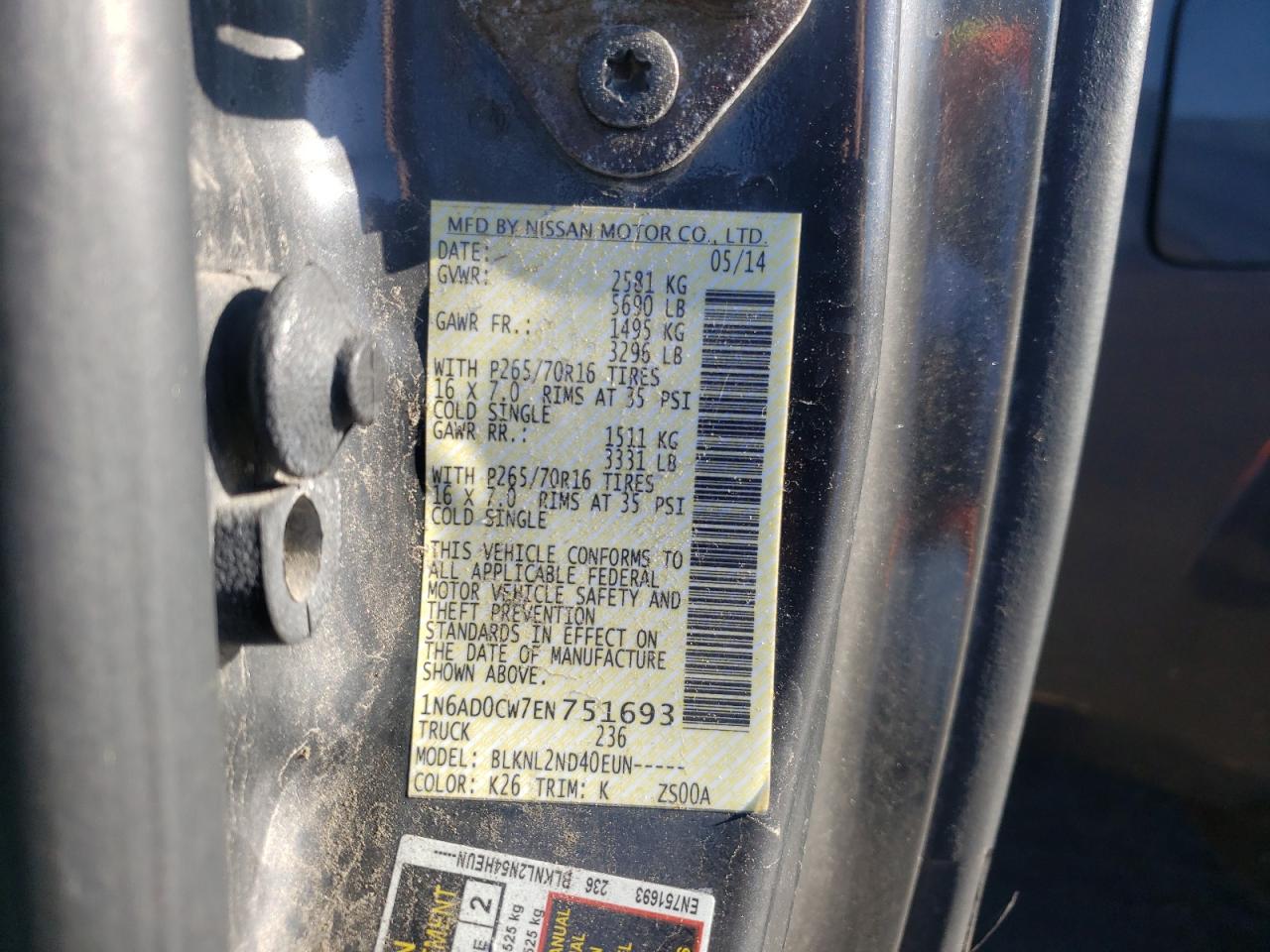 Photo 10 from auction – 2014 NISSAN FRONTIER S with VIN 1N6AD0CW7EN751693