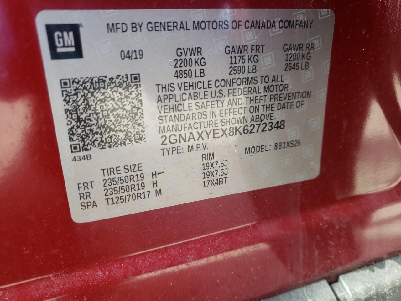 Photo 10 from auction – 2019 CHEVROLET EQUINOX PR with VIN 2GNAXYEX8K6272348
