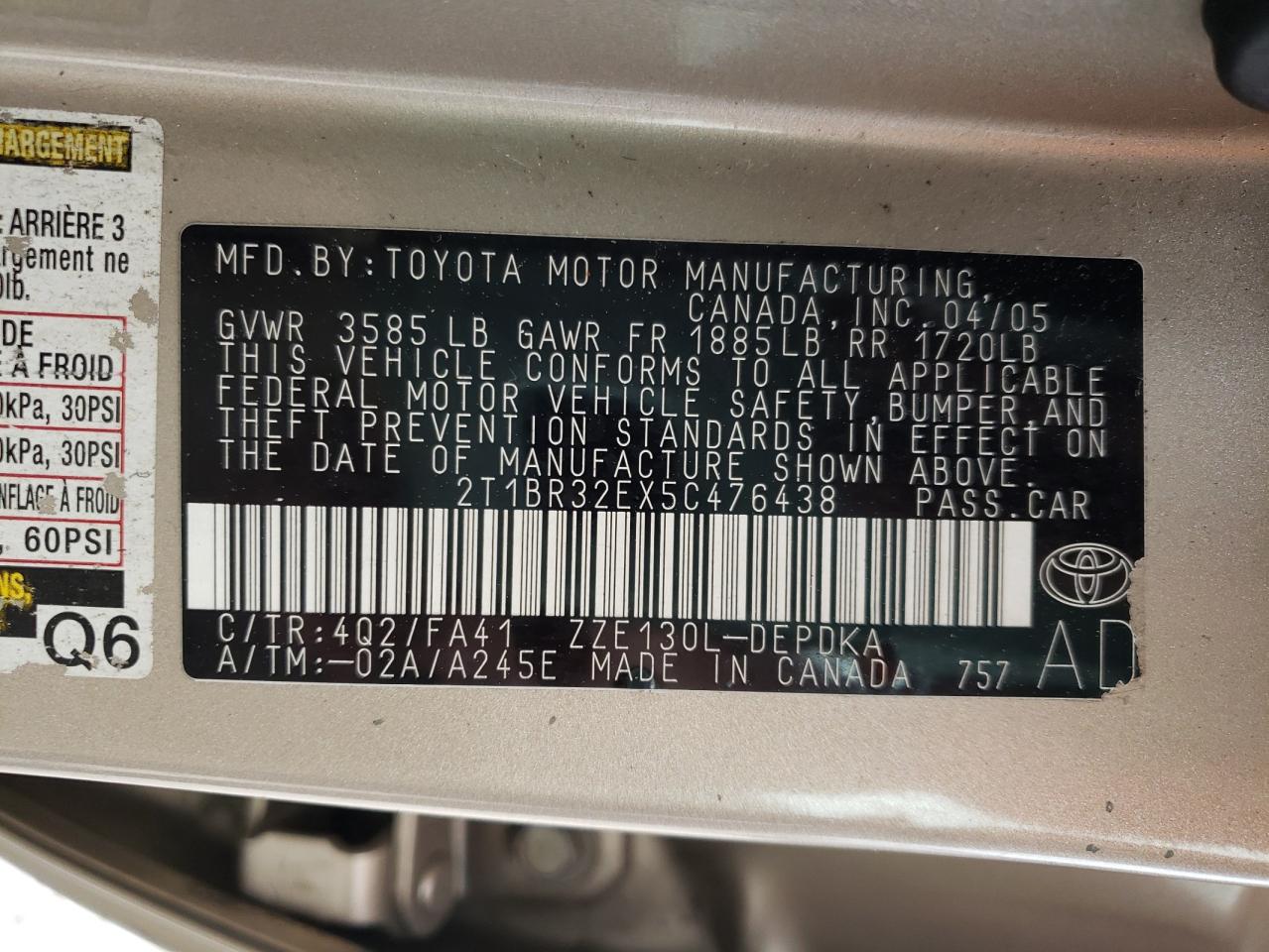 Photo 10 from auction – 2005 TOYOTA COROLLA CE with VIN 2T1BR32EX5C476438