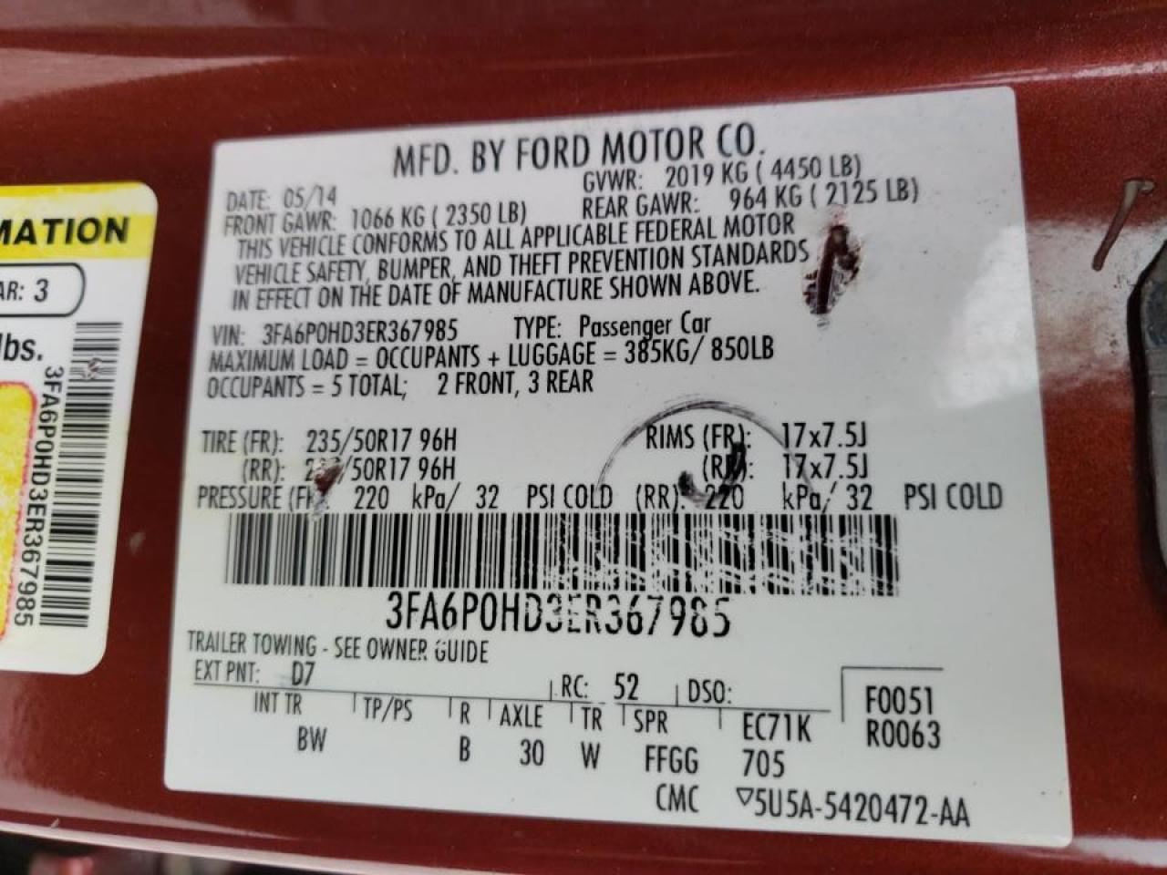 Photo 10 from auction – 2014 FORD FUSION SE with VIN 3FA6P0HD3ER367985