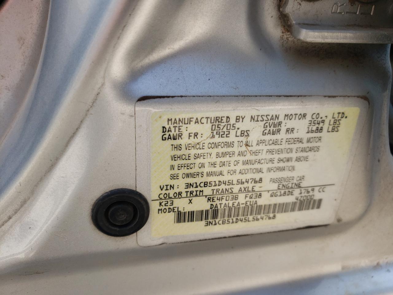 Photo 10 from auction – 2005 NISSAN SENTRA 1.8 with VIN 3N1CB51D45L564768