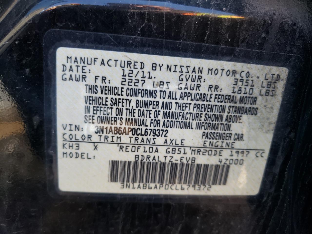 Photo 10 from auction – 2012 NISSAN SENTRA 2.0 with VIN 3N1AB6AP0CL679372