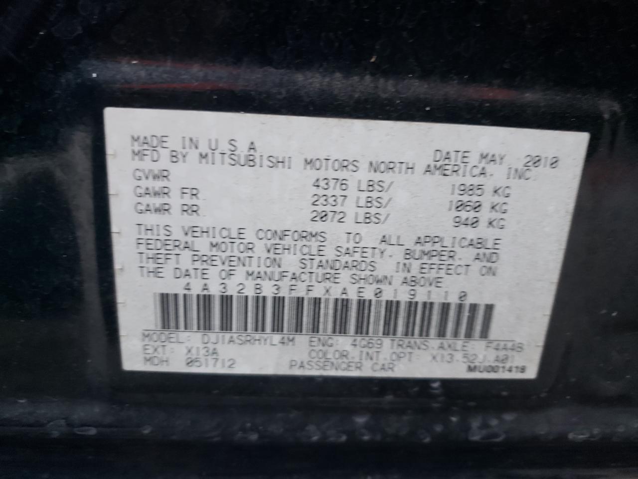 Photo 10 from auction – 2010 MITSUBISHI GALANT ES with VIN 4A32B3FFXAE019110