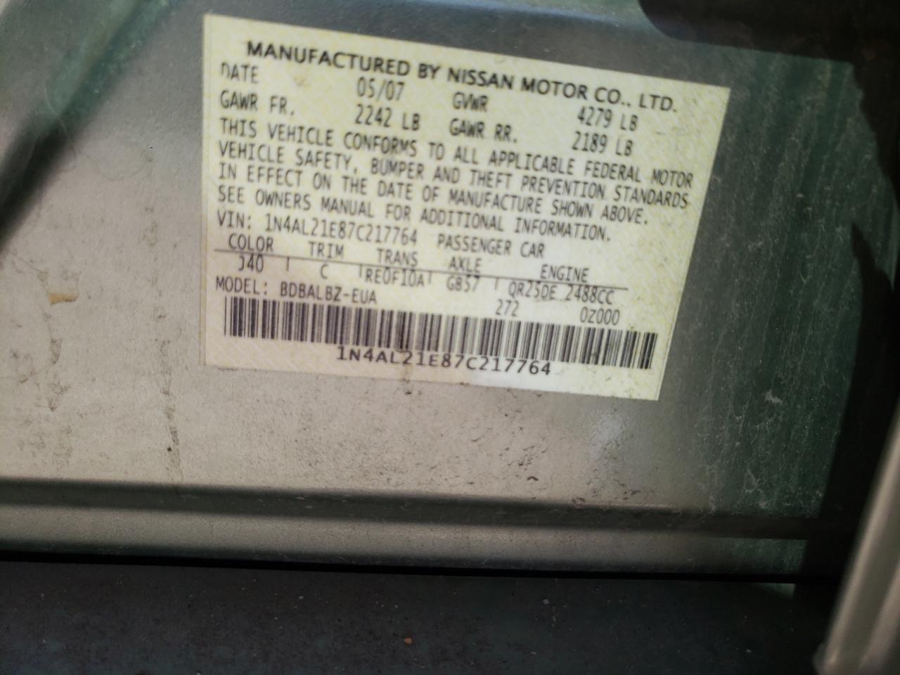 Photo 10 from auction – 2007 NISSAN ALTIMA 2.5 with VIN 1N4AL21E87C217764