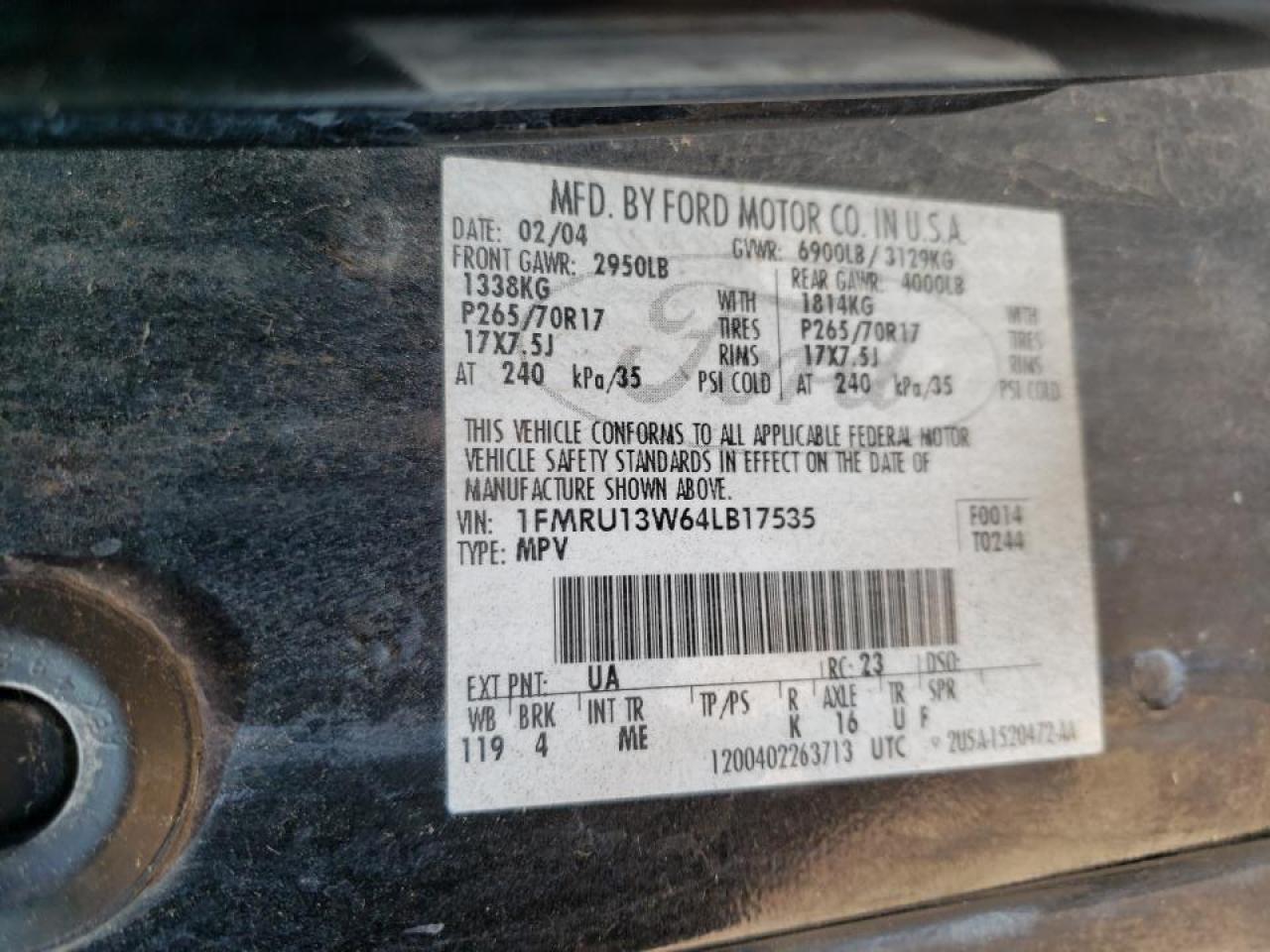 Photo 10 from auction – 2004 FORD EXPEDITION with VIN 1FMRU13W64LB17535