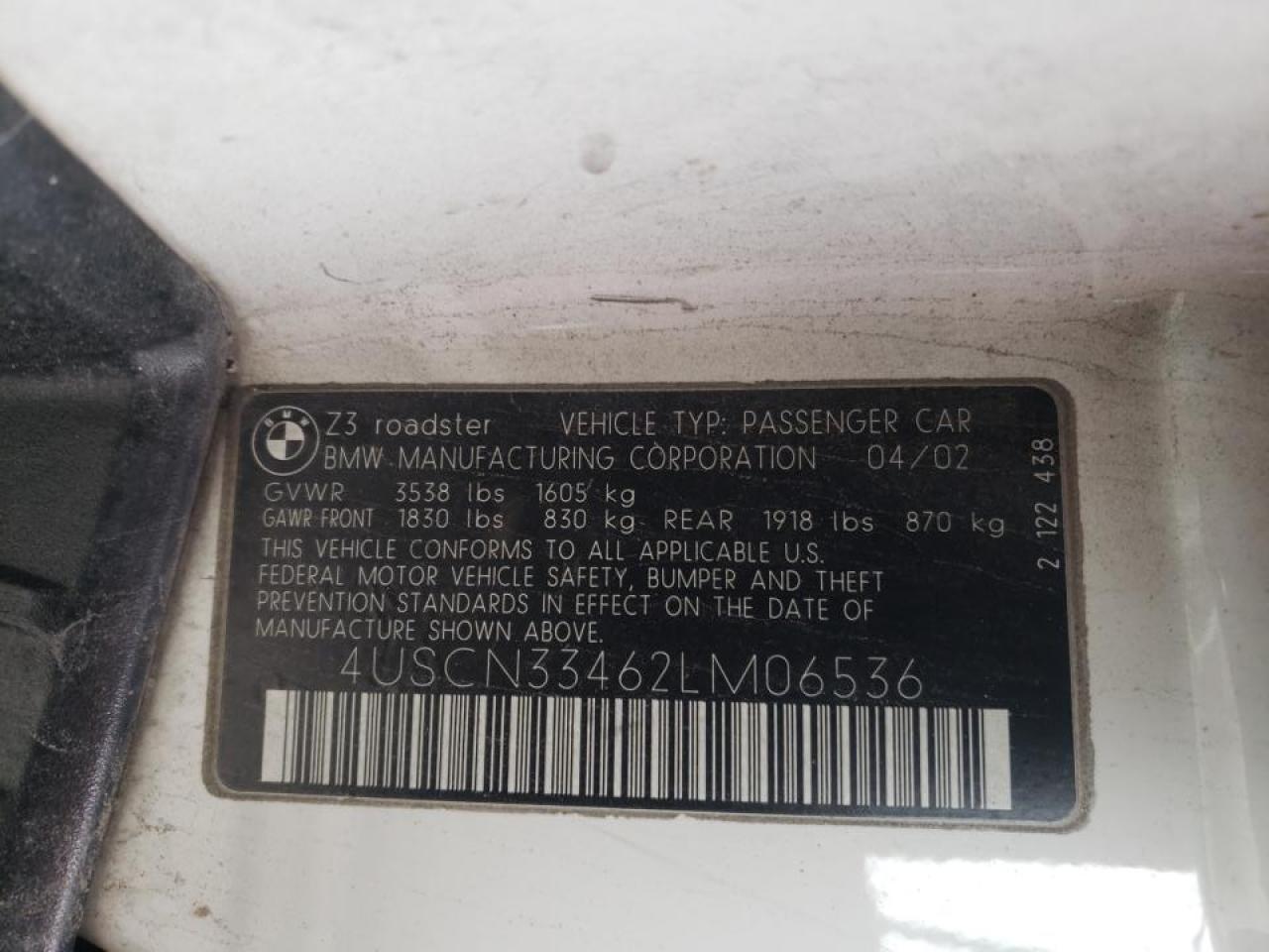 Photo 10 from auction – 2002 BMW Z3 2.5 with VIN 4USCN33462LM06536