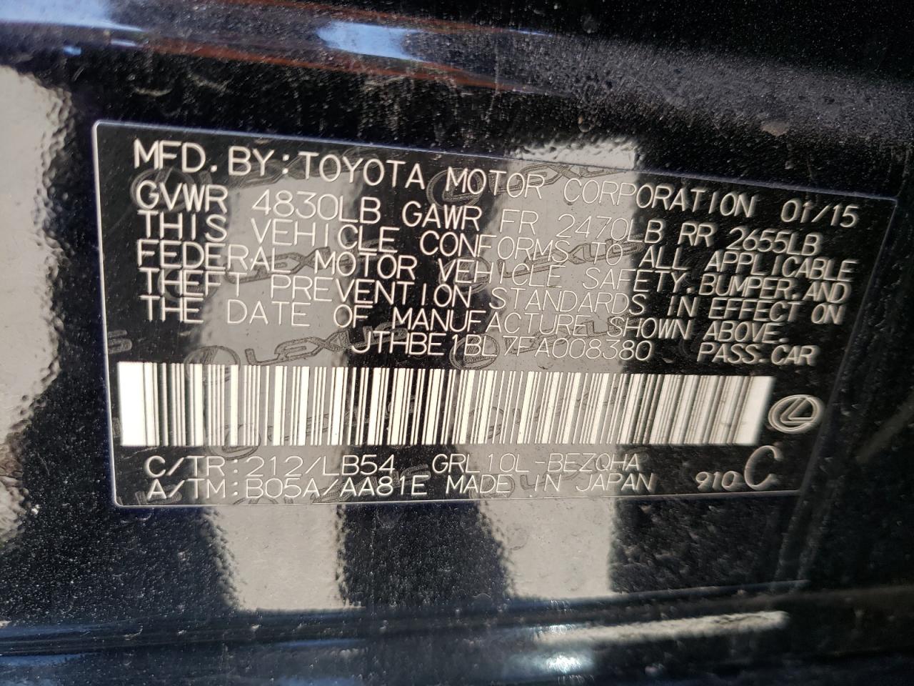 Photo 10 from auction – 2015 LEXUS GS 350 with VIN JTHBE1BL7FA008380