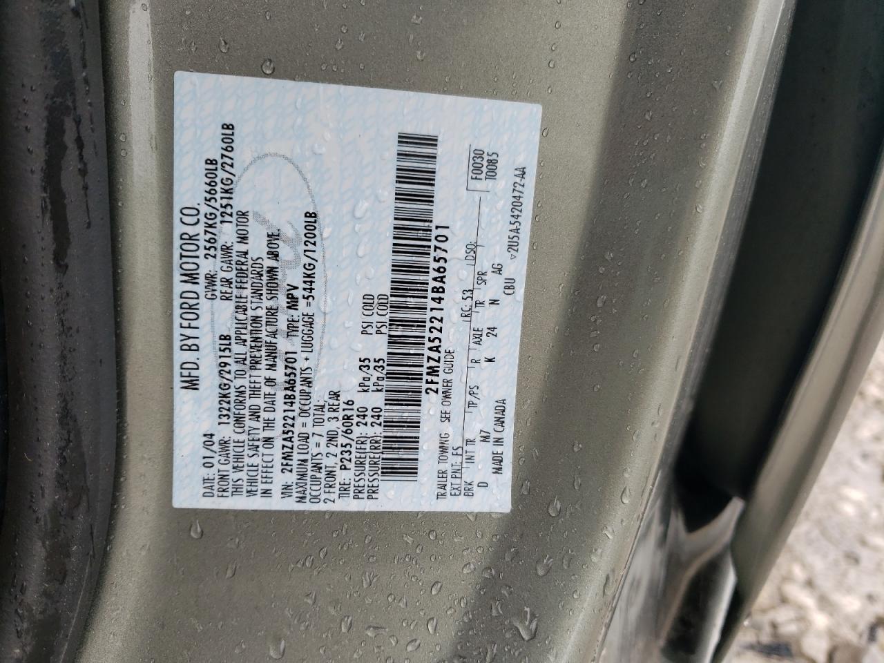 Photo 10 from auction – 2004 FORD FREESTAR S with VIN 2FMZA52214BA65701