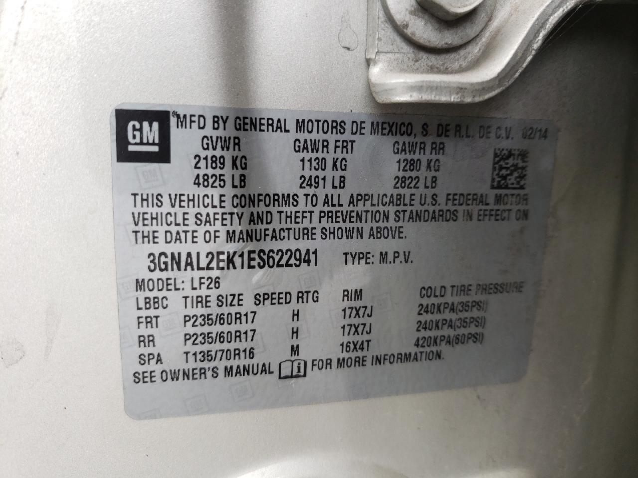 Photo 10 from auction – 2014 CHEVROLET CAPTIVA LS with VIN 3GNAL2EK1ES622941