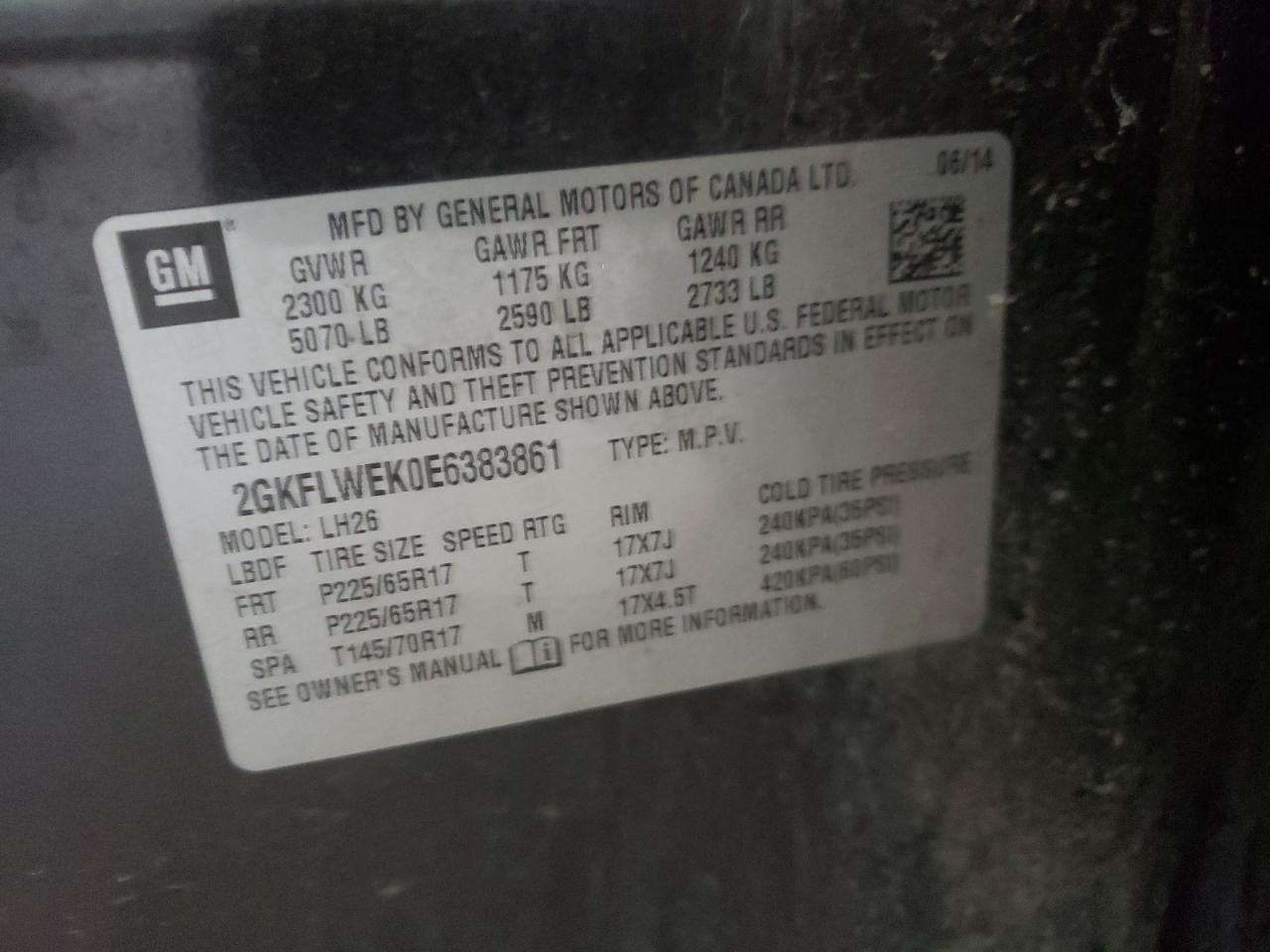 Photo 10 from auction – 2014 GMC TERRAIN SL with VIN 2GKFLWEK0E6383861