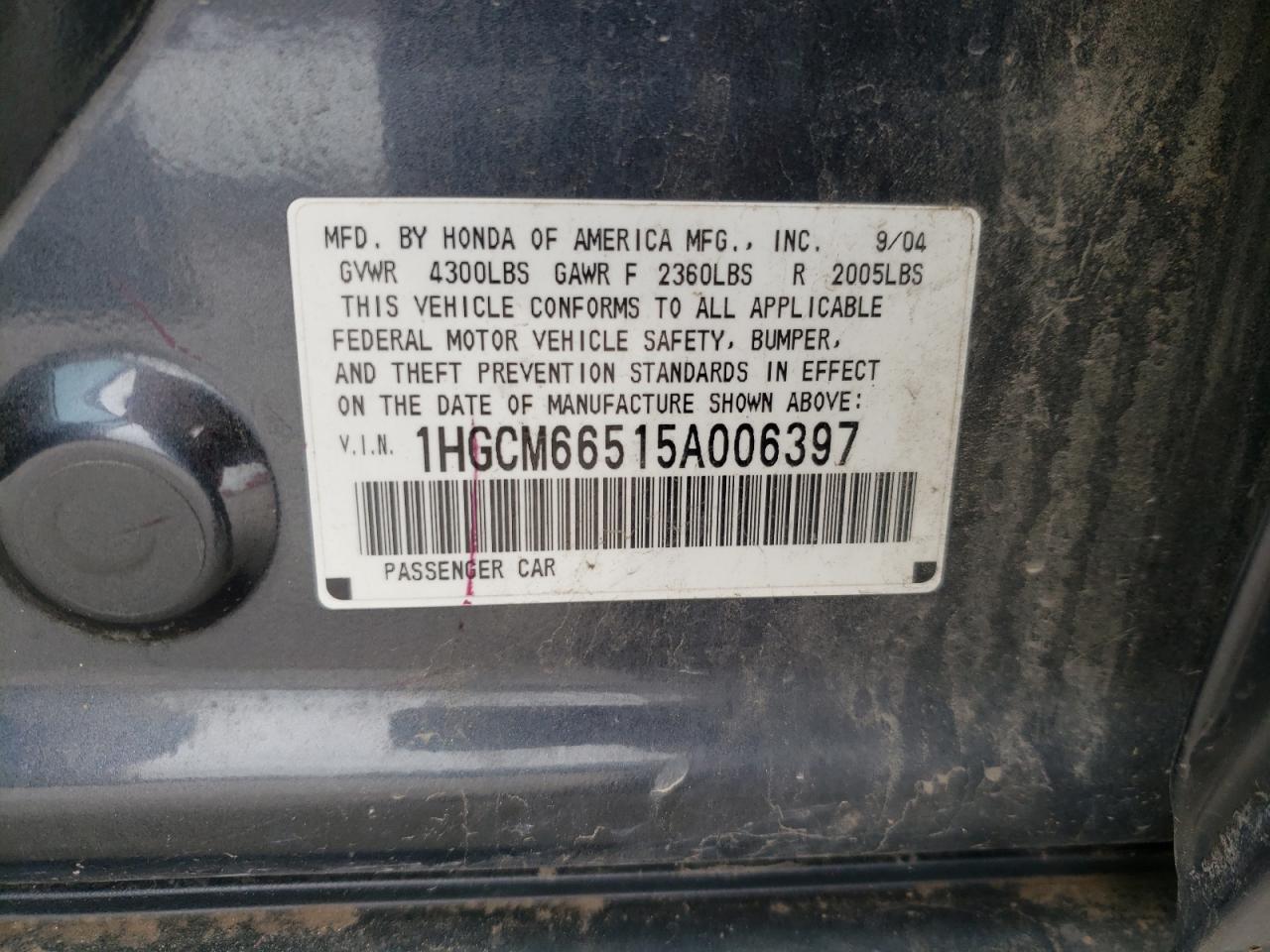 Photo 10 from auction – 2005 HONDA ACCORD EX with VIN 1HGCM66515A006397