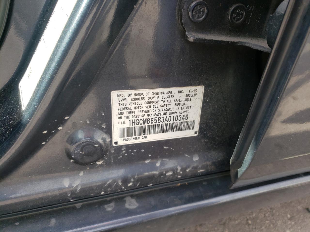 Photo 10 from auction – 2003 HONDA ACCORD with VIN 1HGCM66583A010346