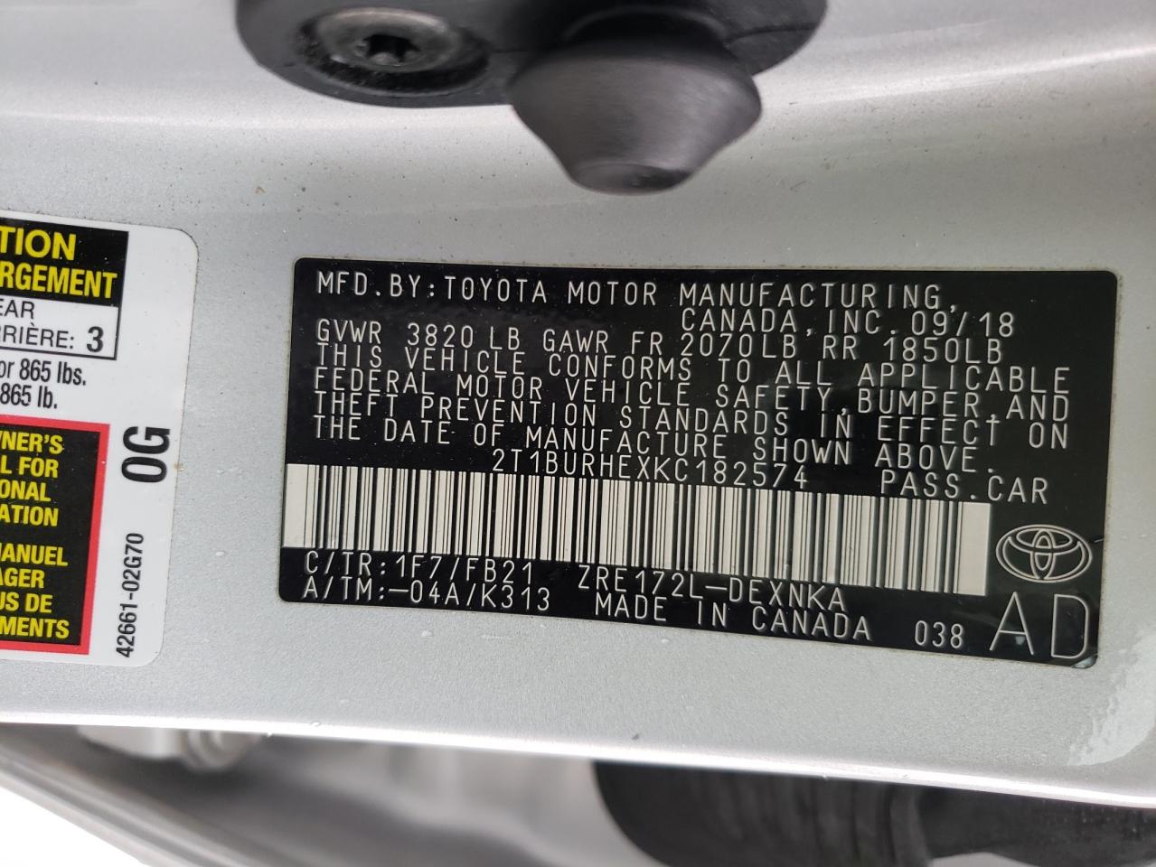 Photo 10 from auction – 2019 TOYOTA COROLLA L with VIN 2T1BURHEXKC182574