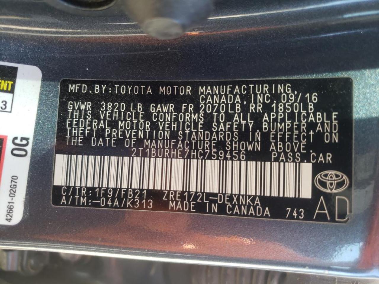 Photo 10 from auction – 2017 TOYOTA COROLLA L with VIN 2T1BURHE7HC759456