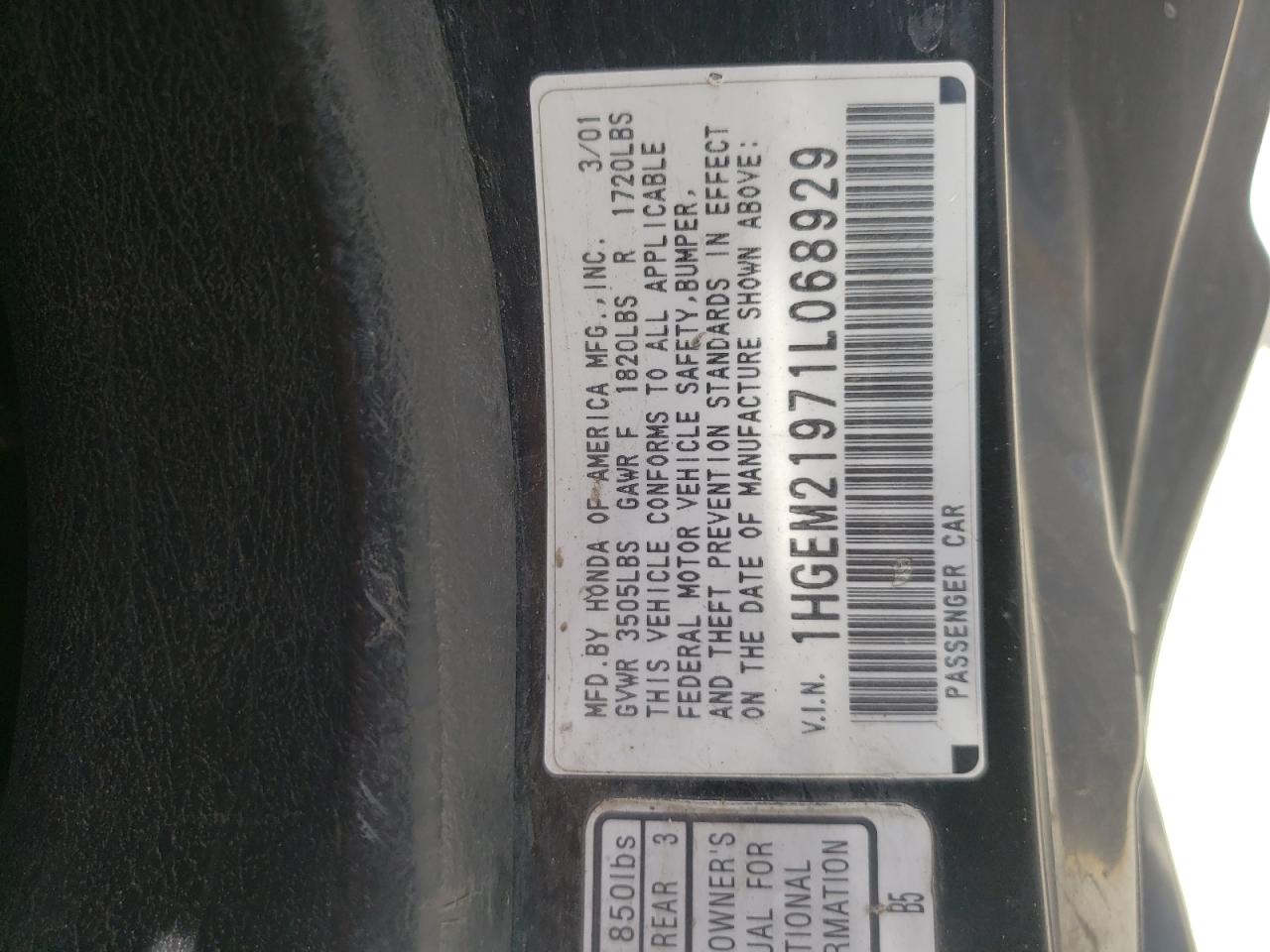Photo 10 from auction – 2001 HONDA CIVIC SI with VIN 1HGEM21971L068929