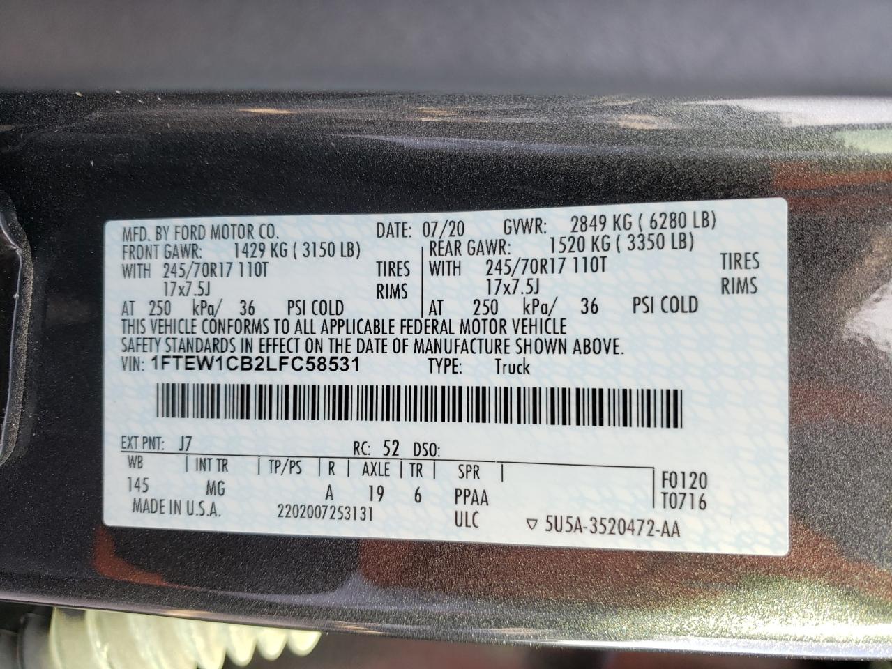 Photo 10 from auction – 2020 FORD F150 SUPER with VIN 1FTEW1CB2LFC58531