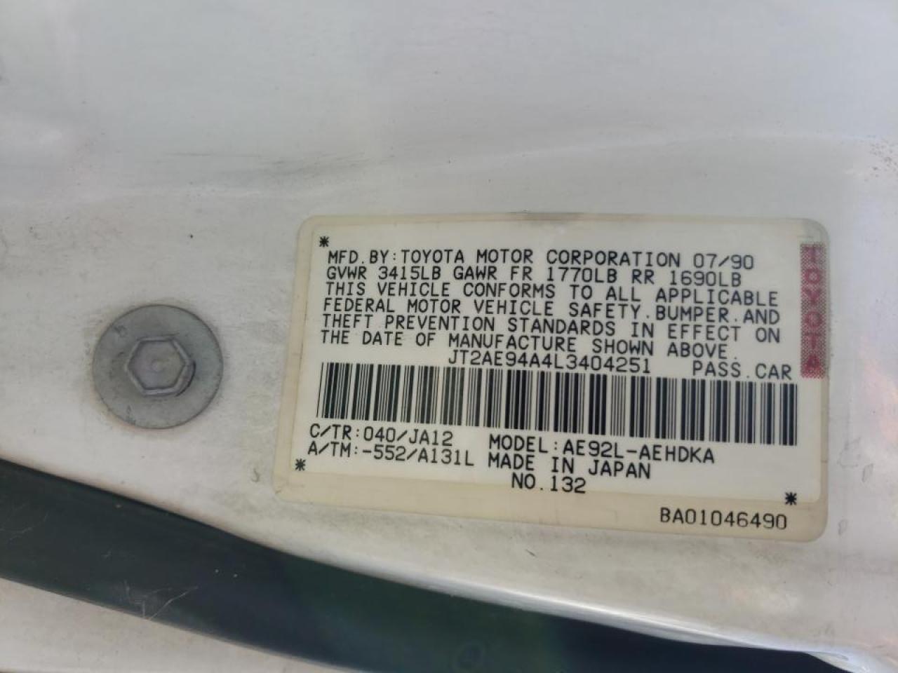 Photo 10 from auction – 1990 TOYOTA COROLLA DL with VIN JT2AE94A4L3404251