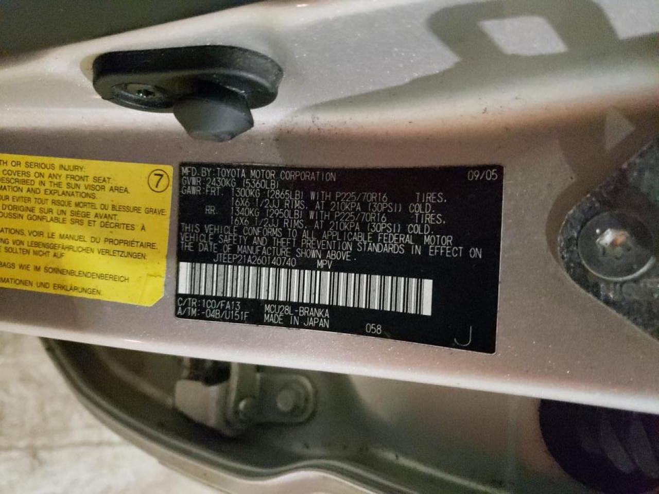 Foto 10 de la subasta – 2006 TOYOTA HIGHLANDER con VIN JTEEP21A260140740