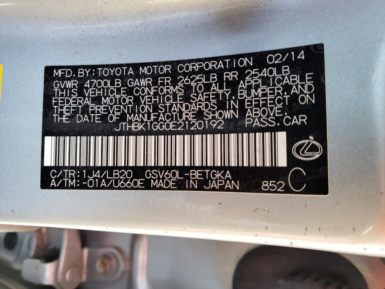 Photo 10 from auction – 2014 LEXUS ES 350 with VIN JTHBK1GG0E2120192