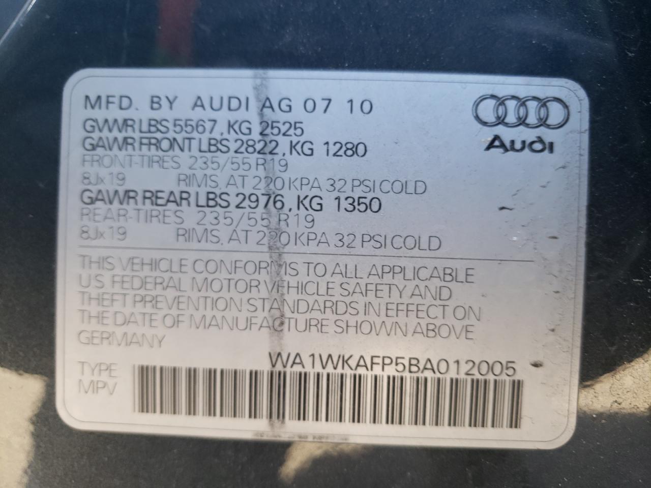 Photo 10 from auction – 2011 AUDI Q5 PRESTIG with VIN WA1WKAFP5BA012005