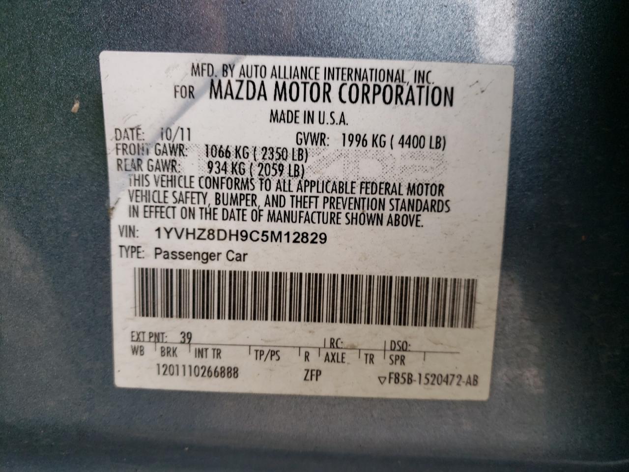 Photo 10 from auction – 2012 MAZDA 6 I with VIN 1YVHZ8DH9C5M12829