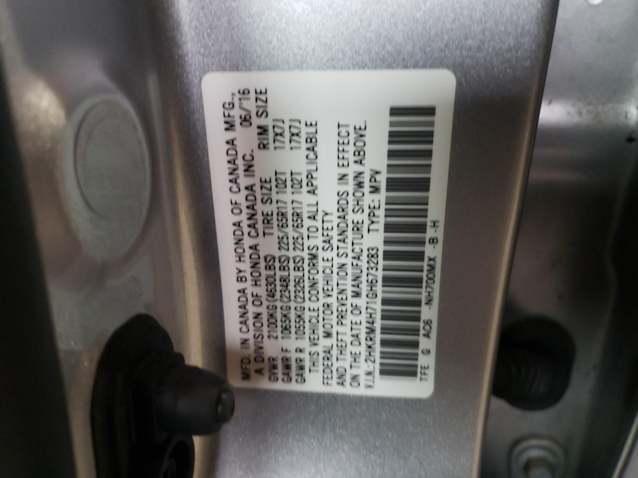 Photo 10 from auction – 2016 HONDA CR-V EXL with VIN 2HKRM4H71GH673283