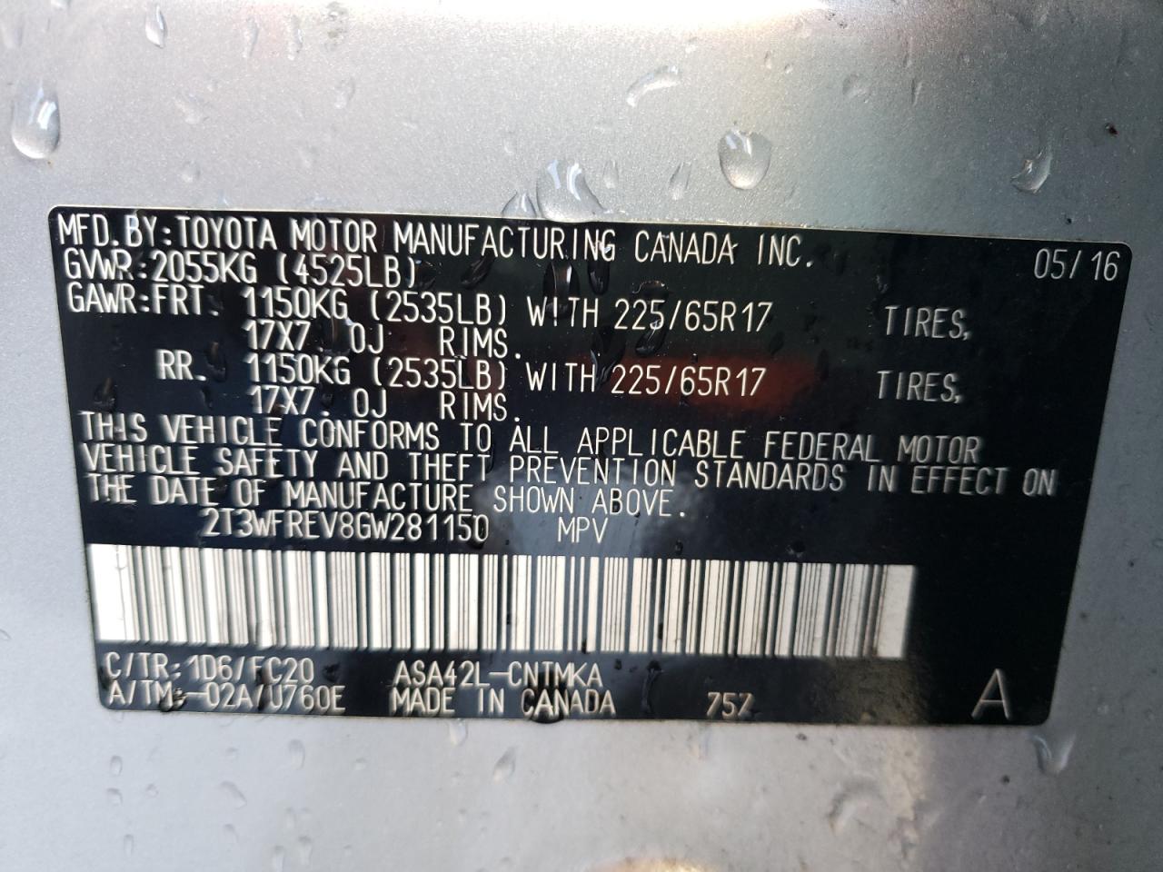 Photo 11 from auction – 2016 TOYOTA RAV4 XLE with VIN 2T3WFREV8GW281150