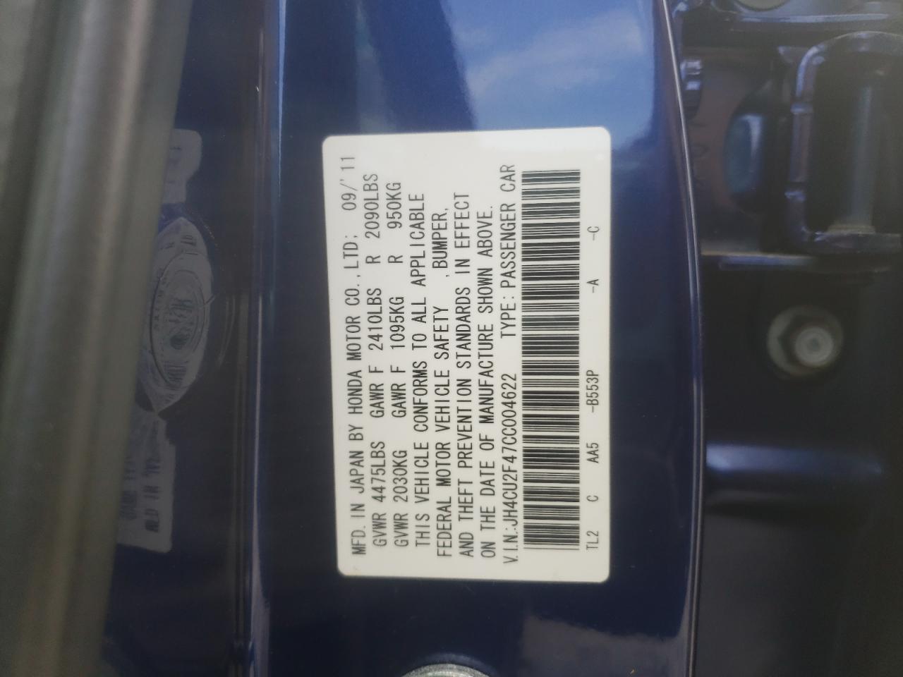 Photo 10 from auction – 2012 ACURA TSX with VIN JH4CU2F47CC004622