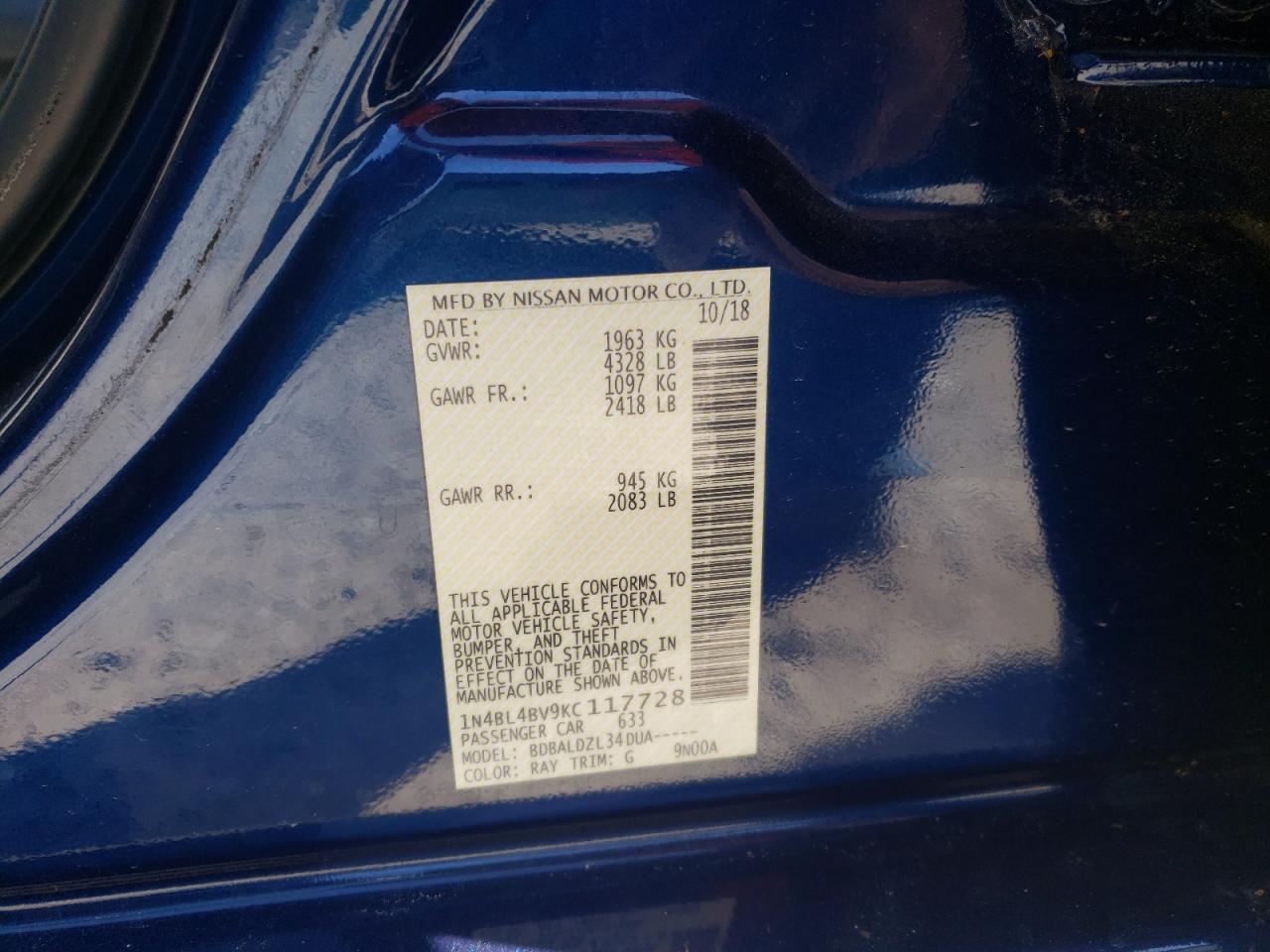 Photo 10 from auction – 2019 NISSAN ALTIMA S with VIN 1N4BL4BV9KC117728