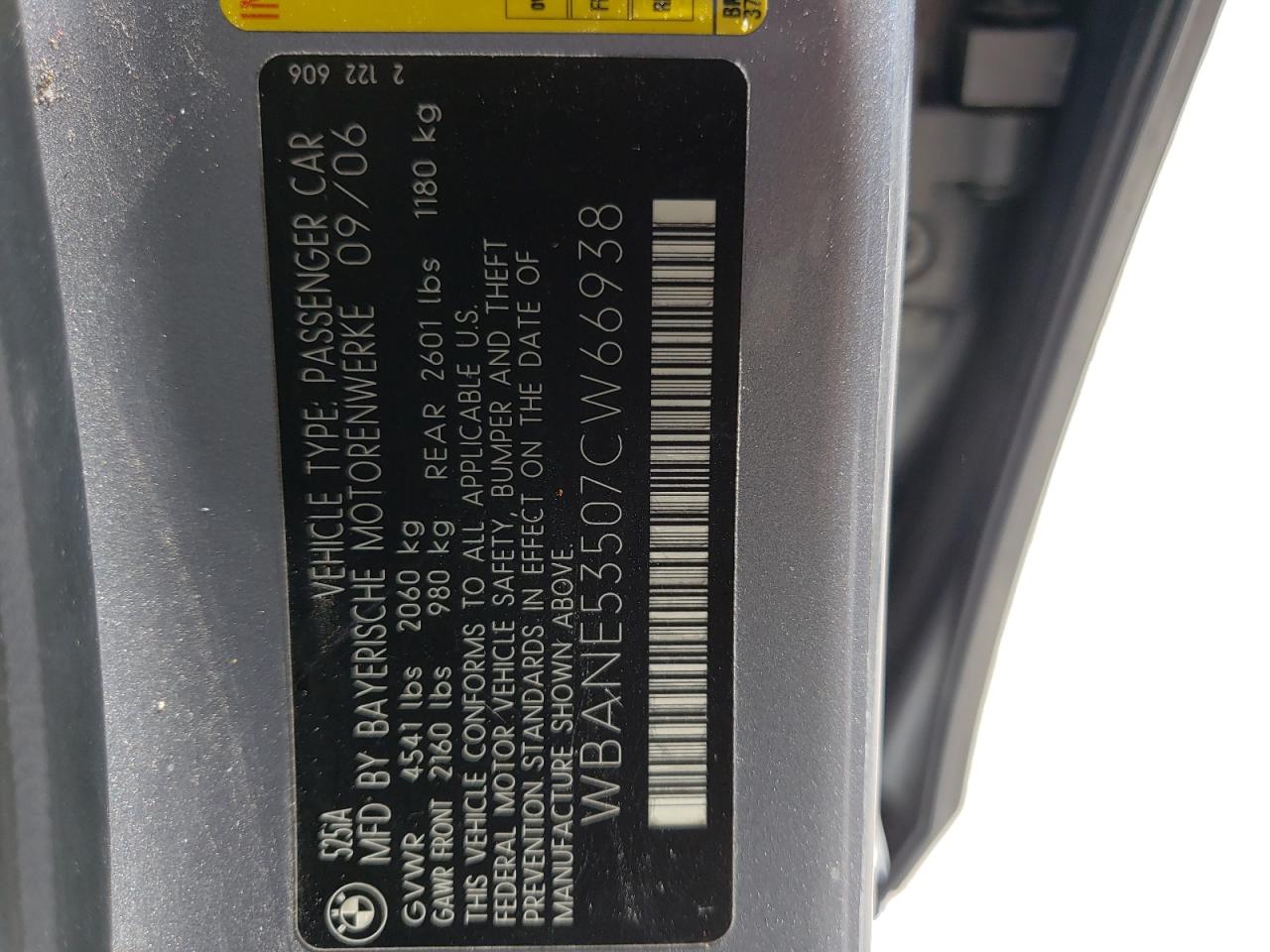 Photo 10 from auction – 2007 BMW 525 I with VIN WBANE53507CW66938