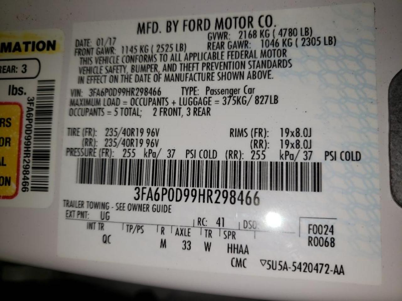 Photo 10 from auction – 2017 FORD FUSION TIT with VIN 3FA6P0D99HR298466