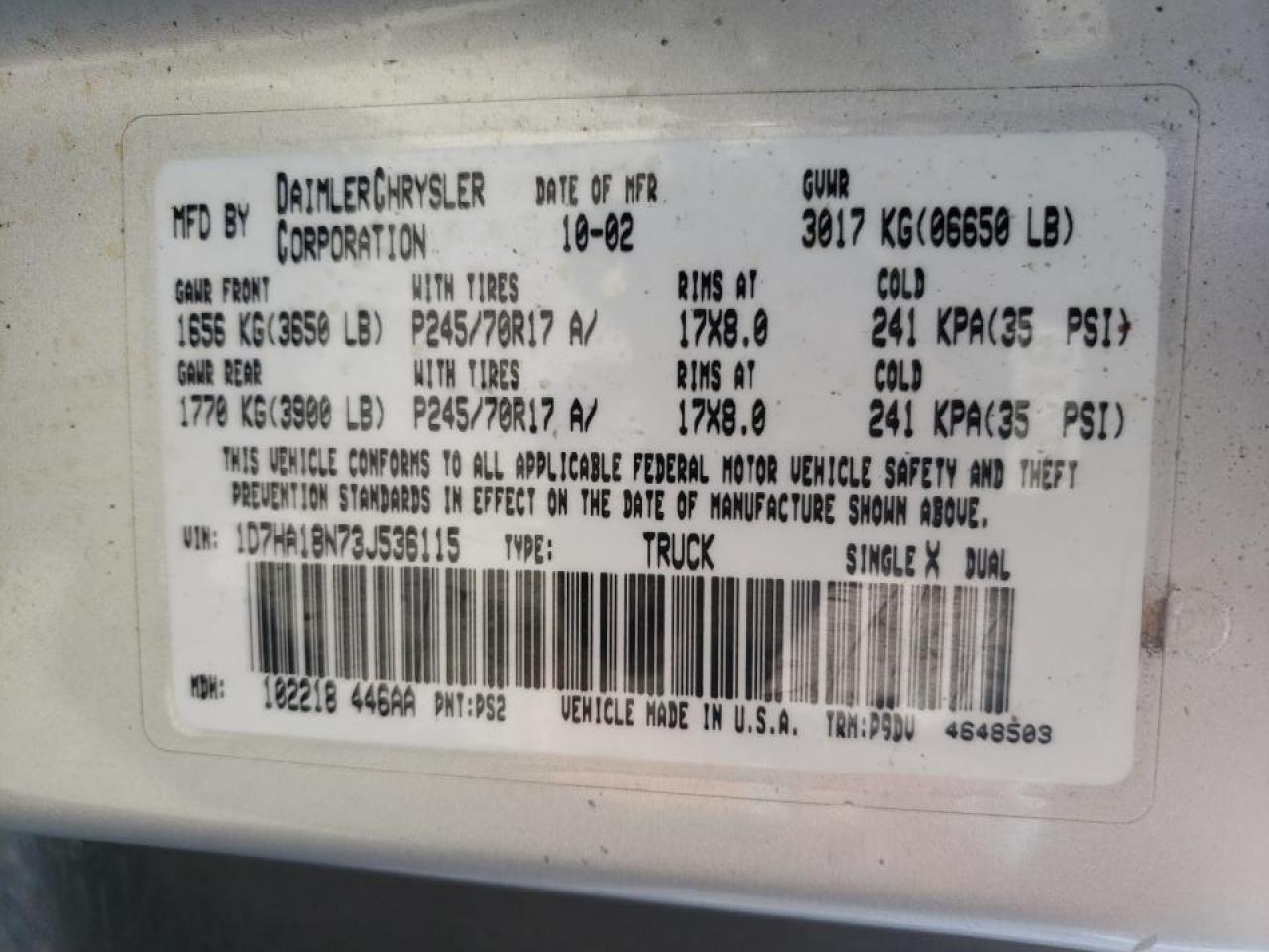 Photo 10 from auction – 2003 DODGE RAM 1500 S with VIN 1D7HA18N73J536115