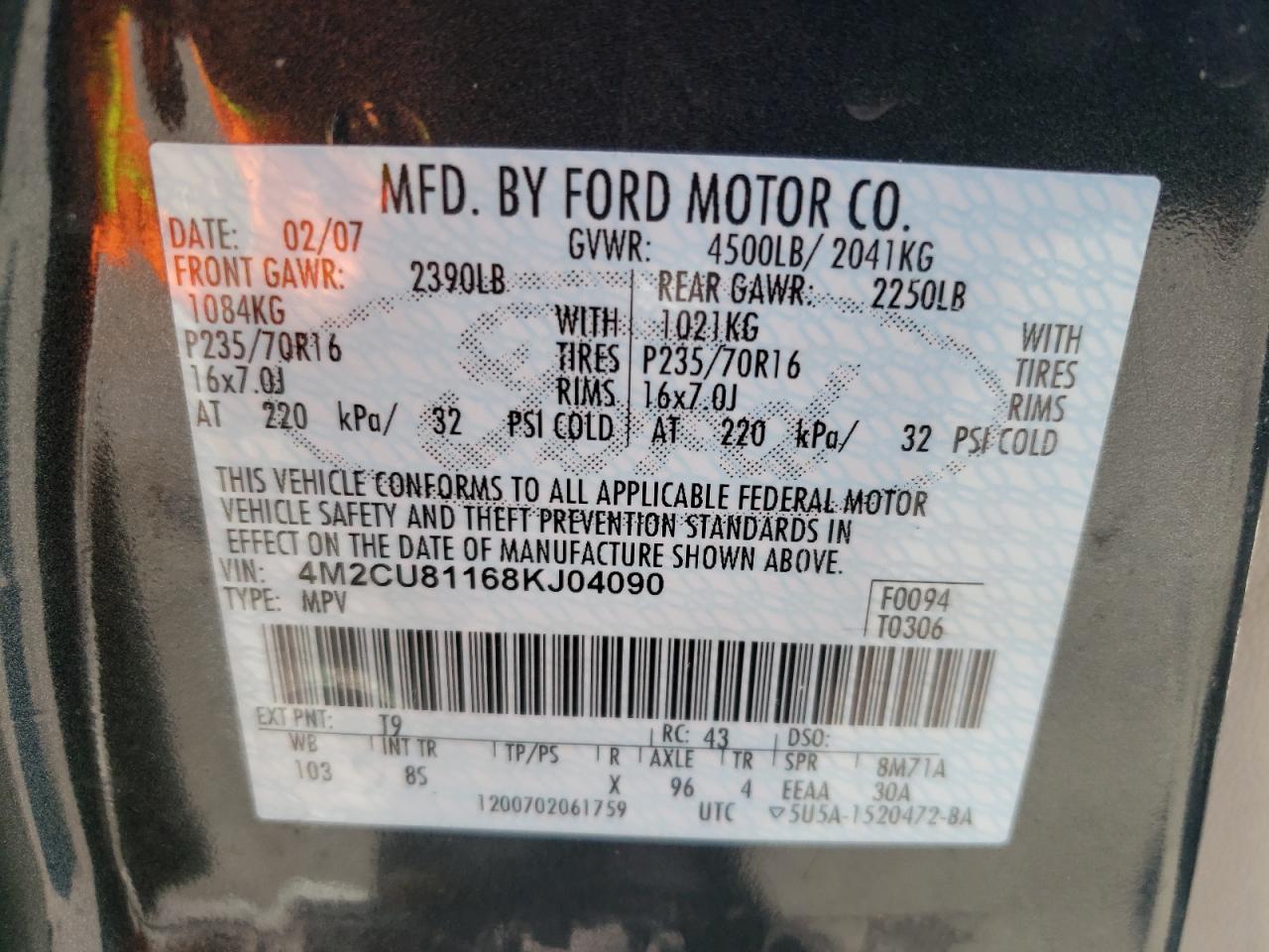 Photo 10 from auction – 2008 MERCURY MARINER with VIN 4M2CU81168KJ04090