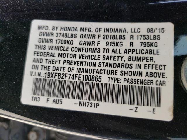 Photo 10 from auction – 2015 HONDA CIVIC SE with VIN 19XFB2F74FE100865