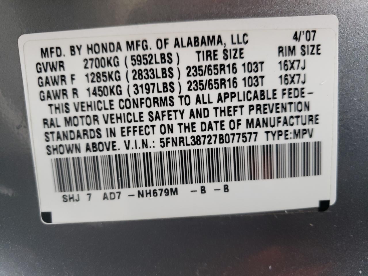 Photo 10 from auction – 2007 HONDA ODYSSEY EX with VIN 5FNRL38727B077577