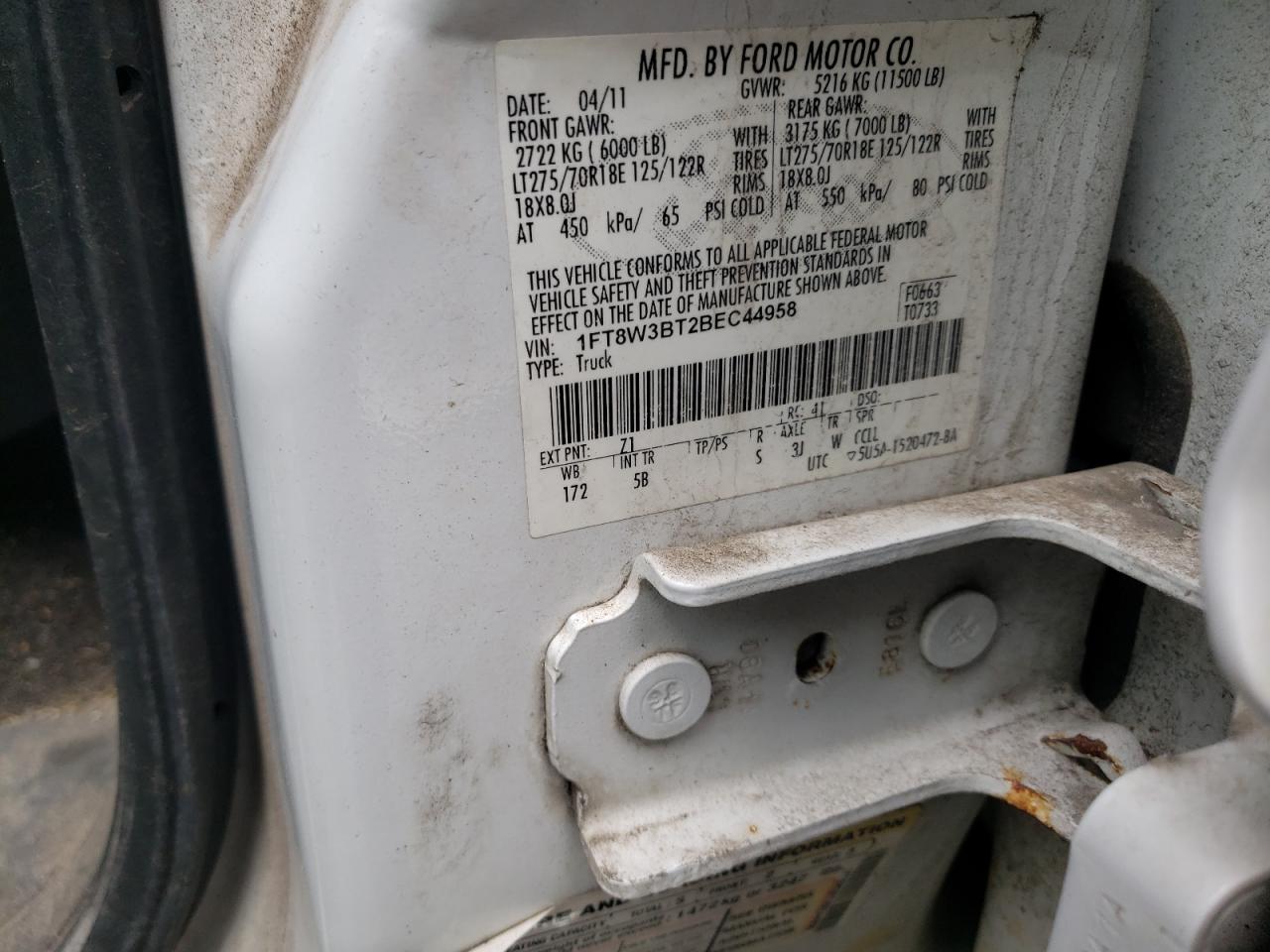 Photo 10 from auction – 2011 FORD F350 SUPER with VIN 1FT8W3BT2BEC44958