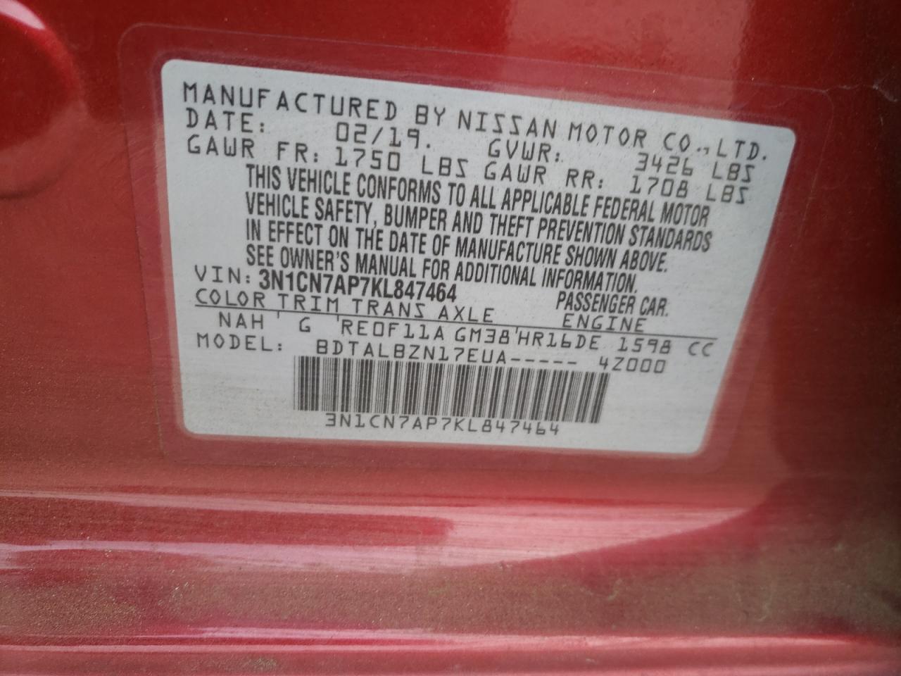 Photo 10 from auction – 2019 NISSAN VERSA S with VIN 3N1CN7AP7KL847464