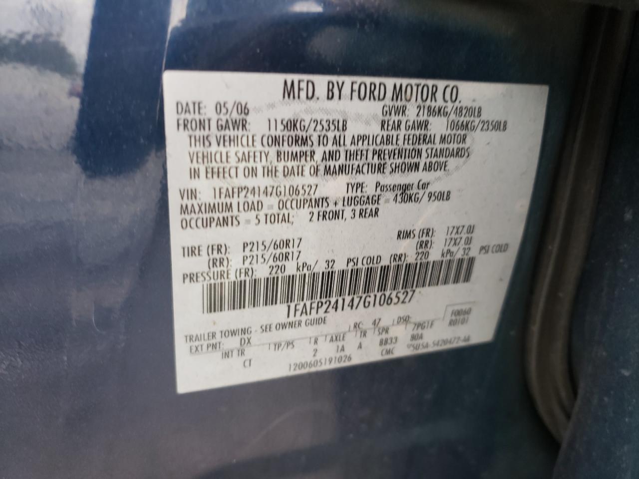 Photo 10 from auction – 2007 FORD FIVE HUNDR with VIN 1FAFP24147G106527