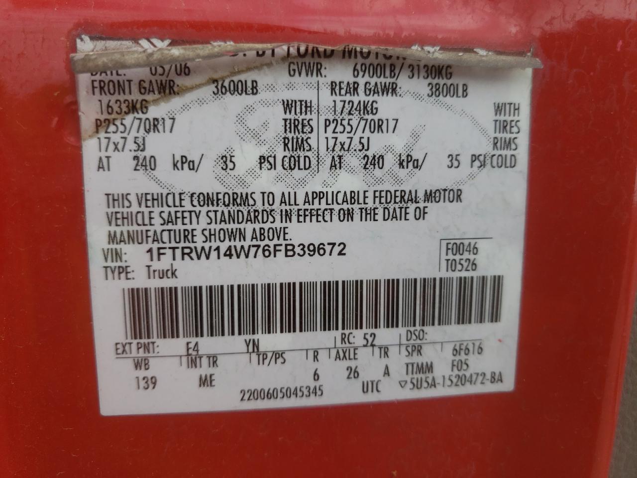 Photo 10 from auction – 2006 FORD F150 SUPER with VIN 1FTRW14W76FB39672
