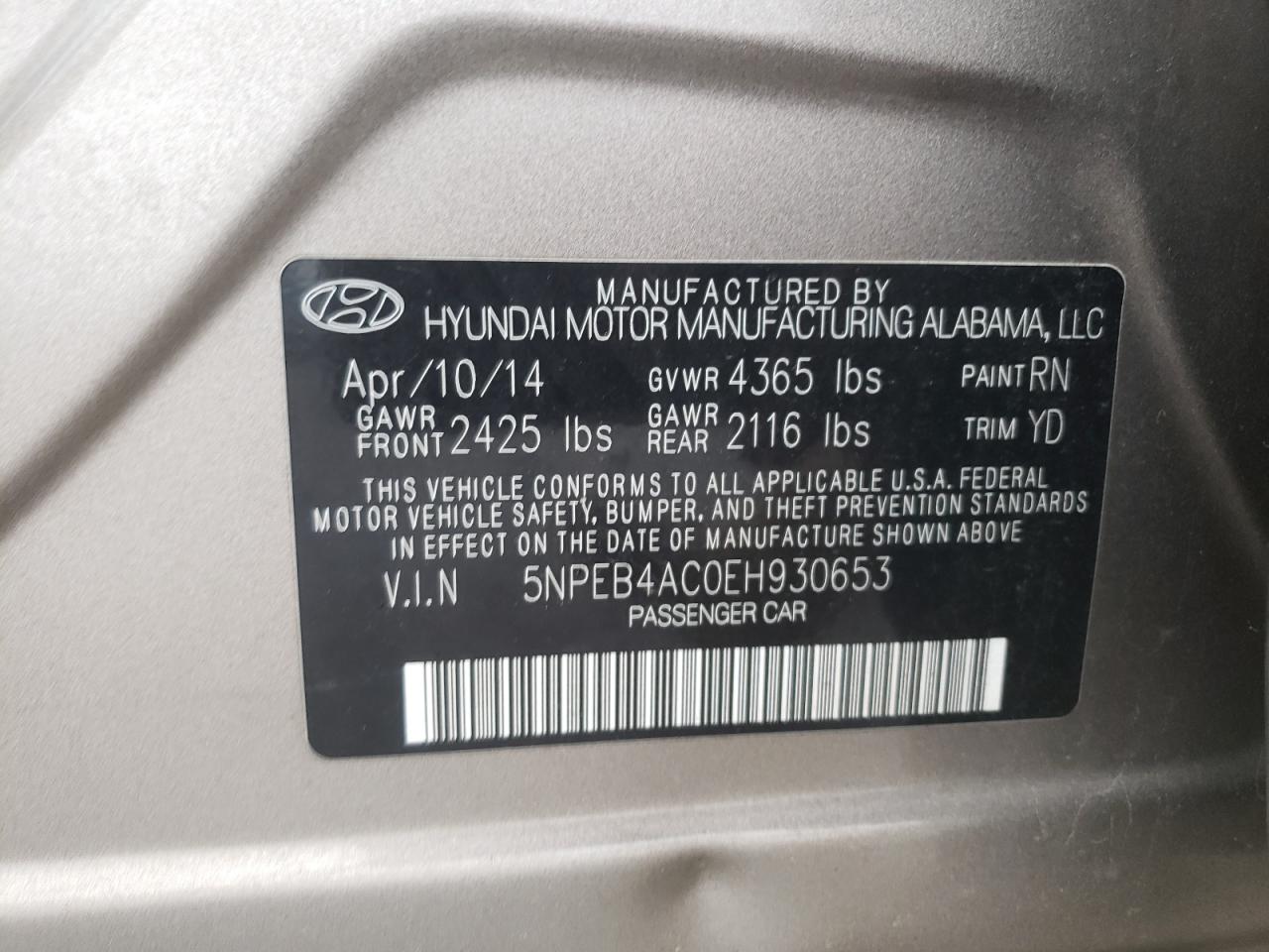 Photo 10 from auction – 2014 HYUNDAI SONATA GLS with VIN 5NPEB4AC0EH930653