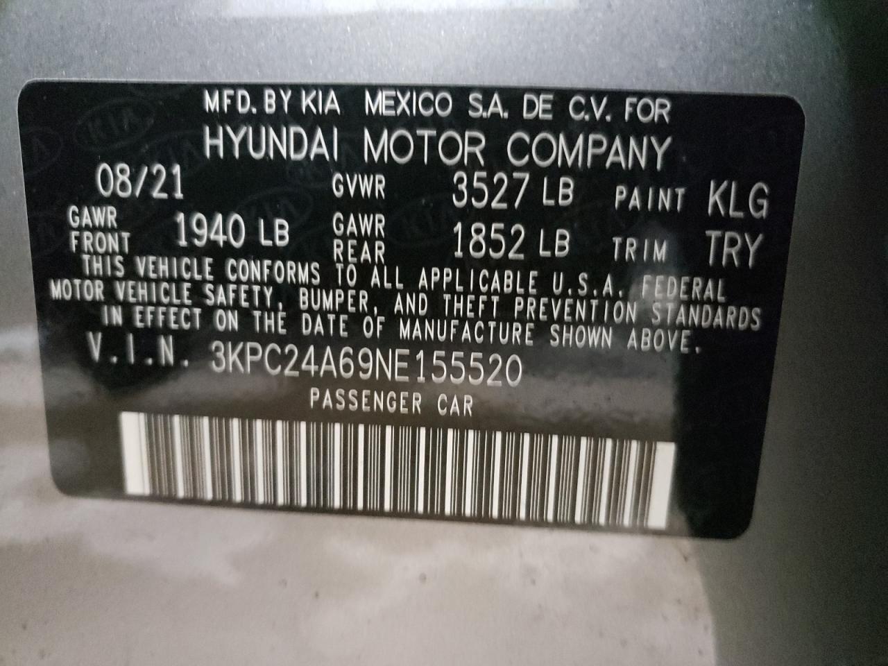 Photo 10 from auction – 2022 HYUNDAI ACCENT SE with VIN 3KPC24A69NE155520